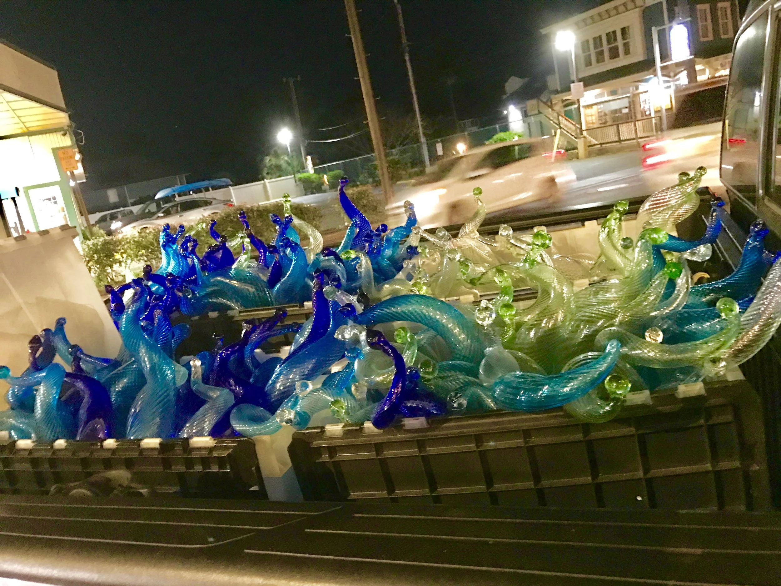 Leaving the Maui Crafts Guild and taking home the Pololena Chandelier to pack and ship off to the new clients home. N. Carolina.