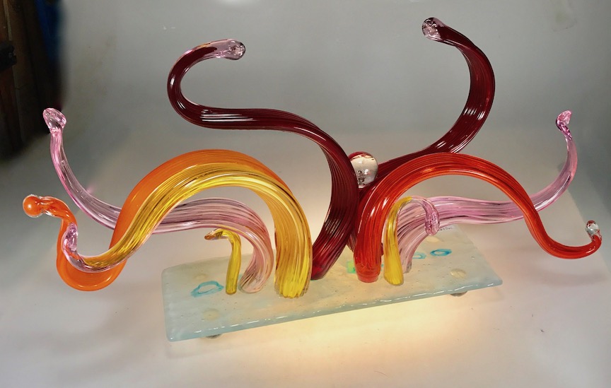recycled blown work from old chandeliers, fused base and blown feet . 28" long x 16" high x 8" wide,