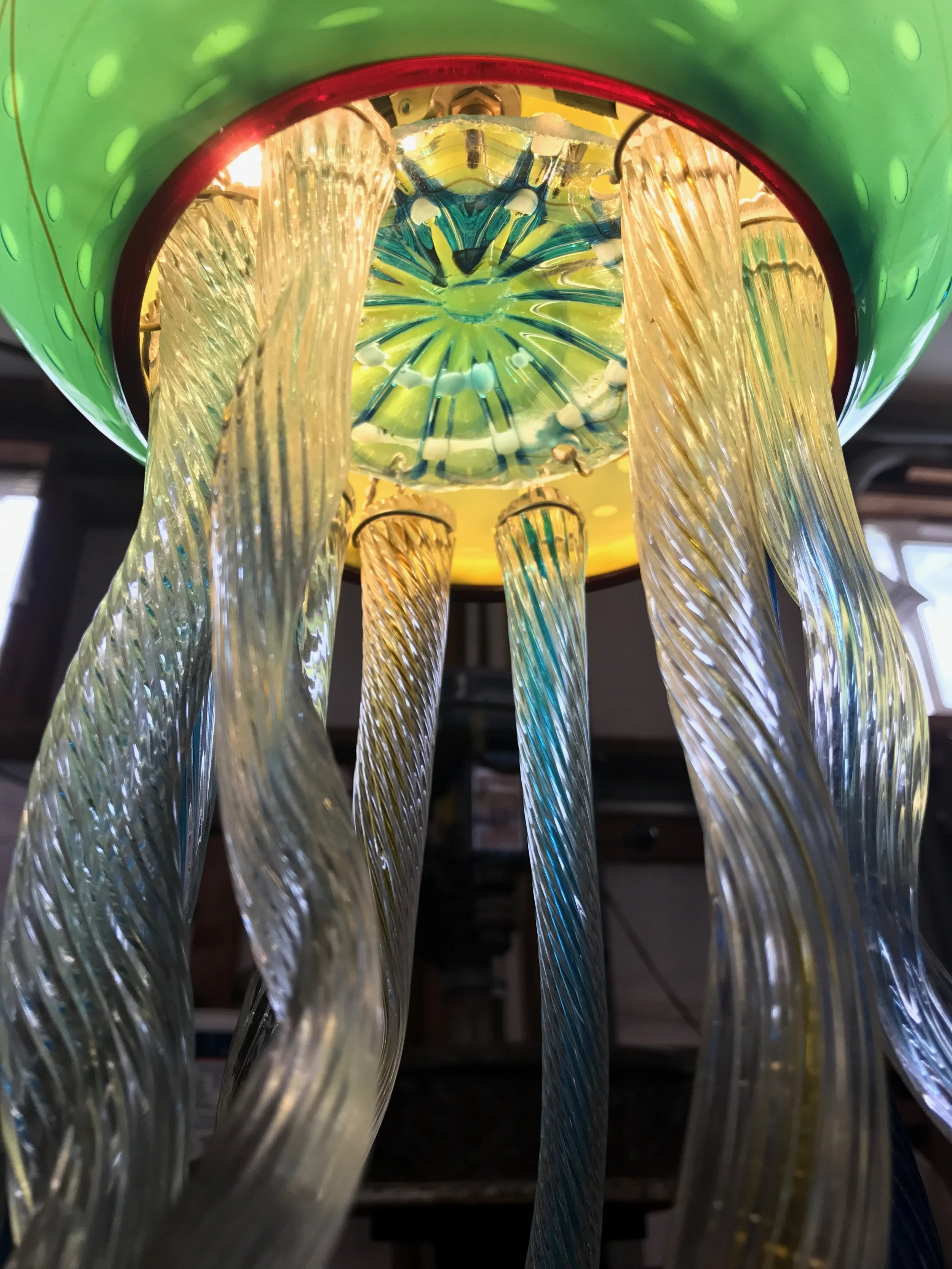 Im starting to install these trick little discs to help conceal the lighting hardware and bulbs. super nice Jelly Fish Pendant Lamps. Strini Art Glass Custom LIghting 2017