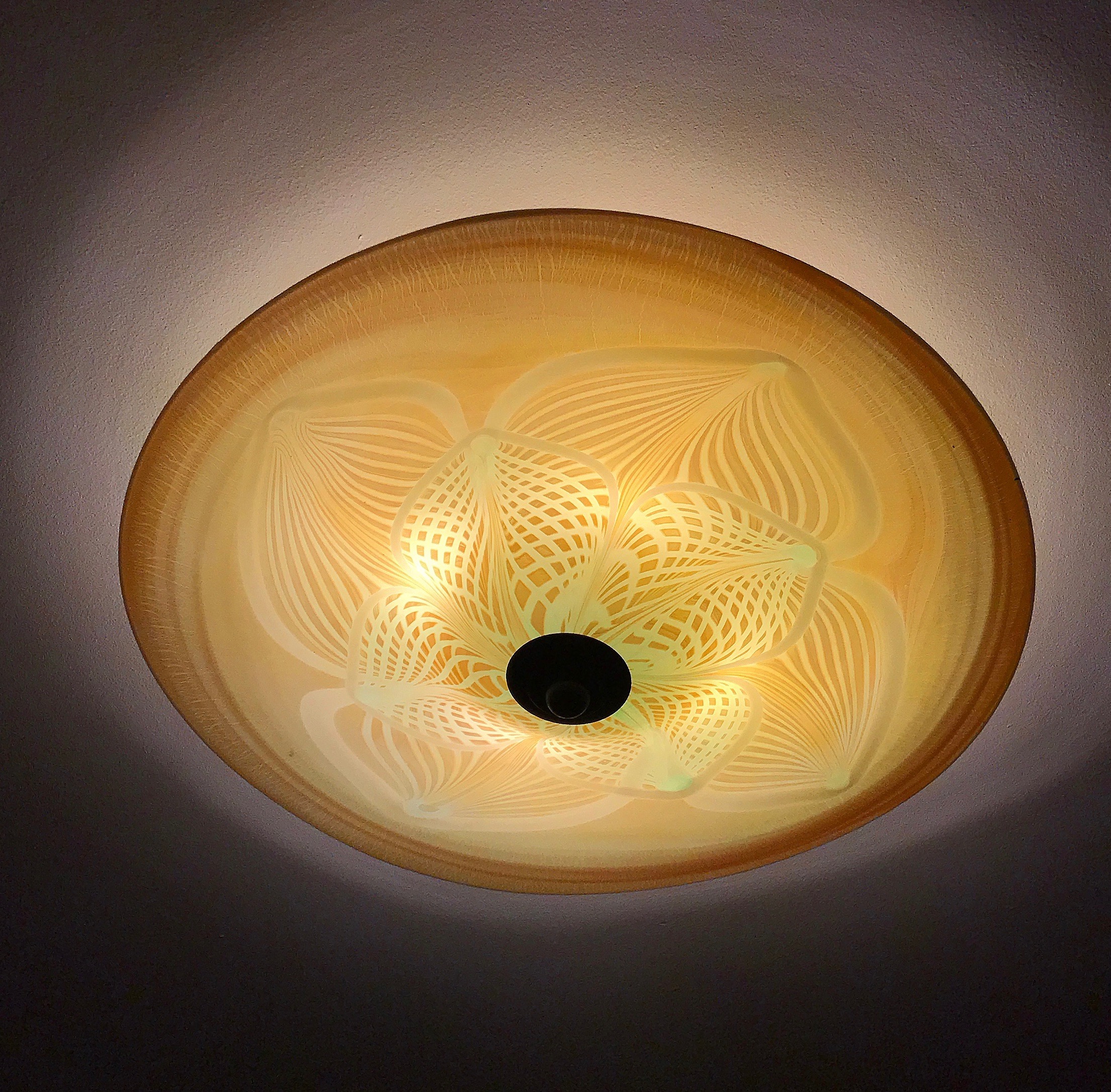 Wailea, Hawaii, clients bath lamp re outfitted with our new LED low profile bulbs. 110V dimmable . Gold luster with double hand decoration with dark emerald green and opaque white. strini art glass custom lighting 2017