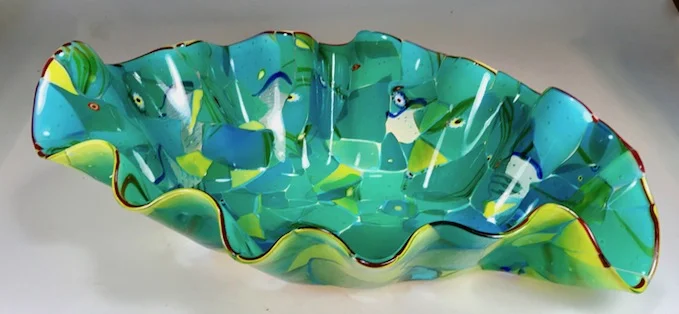 Adventures in Paradise series new free form fused bowl. Made with recycled blown glass by Rick Strini, fused and slumped. 2018 for sale