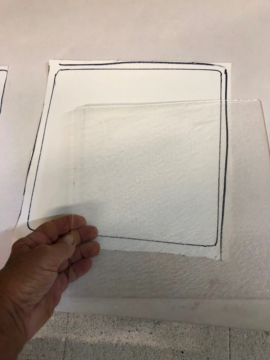Here we cut a piece to fit the size of the plate to lay the broken glass on . This helps prevent “crawling” and allows a smooth even fuse. more to come. rick