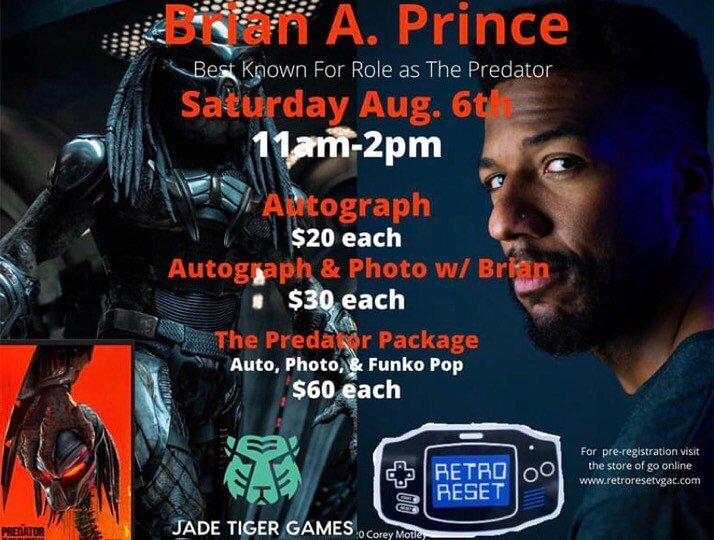 If you&rsquo;re in the West Virginia area tomorrow, come by Jade Tiger Games for Retro Reset!

I&rsquo;ll be signing autographs and talking about Predator! 

Very honored to once again Get the opportunity to meet some Predator fans and write my name 