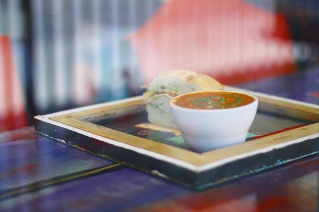 Good Morning Modesto! Here is a picture of our Pablo Picasso Sandwich and a cup of tomato soup resting on a painting! Which pretty much summarizes what Picasso&rsquo;s Deli is! A Deli/coffee shop wrapped in amazing art! Come check out our food and ar