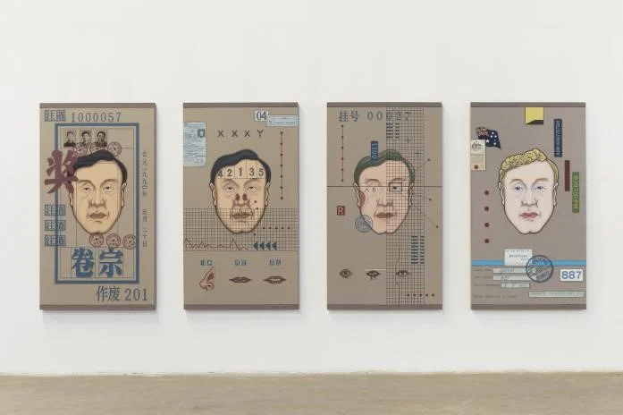 Guan Wei,  Plastic Surgery.  2015, acrylic on linen, 180 x 401 cm (overall)  Artist's statement about this painting:   Plastic Surgery --- a portrait of an immigrant artist   Guan Wei 2015  Status refers to not only a person’s social status but also one’s value and importance. Our anxiety about the identity reflects our concern about social status. It is difficult to get rid of this anxiety, no matter whether our life is going smoothly or not. How come our status can consume our life so badly? That’s easy to answer: how people treat you depends on your status. People will smile and try to flatter you when you are becoming successful; whereas they will not be bothered to talk to you once you are out of the game. Thus, we are all afraid of losing our social status. This is particularly important to an immigrant artist living overseas and who is wondering how to become mainstream, how to get the respect and recognition of locals while still keeping his own dignity.   Plastic Surgery , is telling people one of my stories. As an immigrant artist living in a new surroundings, one needs to keep adjusting and improving themselves for it. The first-generation of immigrants live with two cultures, in two countries and use two languages. They are living with memories of history as well as real life in another country. In other words, they are living on an ambiguous border while struggling. Plastic Surgery truly reflects my life.   Plastic Surgery  consists of 4 canvases. The first one represents one’s memory of his mother country. His portrait is on the cover of a huge personal file. Everyone has a secret file in China, which includes records since you were born, as well as information including your primary school, high school, university, work, marriage, parents, and children. The file will be with you until your death. However, you will not have access to the file, as the government keeps it. This shows the power of country is everywhere, which controls people’s life and freedom. The individual becomes a code or symbol in this massive state apparatus.  The 2nd and 3rd canvas reflect my life after I came to Australia in a virtual way. I use Plastic Surgery to show you how I fit into Australia. There are diagrams of my DNA and blood type as analysed by computers, a report of my health, along with a chart of Westerners’ features, such as thin lips, high nose, blue eyes, etc, for reference and reform. The reconstruction of the scene, the splitting and misplacing of subjects, are to evoke an emotional experience of re-confirming one’s identity in a foreign place from whom have suffered a similar situation as me. Such process is miserable but the emotional feelings are real.  The 4th canvas represents a confirmation of a new identity. It includes an immigration form 887, a certificate of Australian Citizenship, number of bank account and health care, ABN, passport, etc, all the documents that can prove your new identity. The name on the business card also changed from Guan Wei into David Guan. From this, you can tell an individual has to exist in the culture and surroundings of whom is living in. The experience of living in a culture has significant effect on the person; surroundings play an important role in people’s self-identification. The society defines you based on your behaviour: they accept or reject you! All immigrant artists wish to be the one being accepted and recognised in a new surroundings, and also wish to become just another Australian!  Overall , Plastic Surgery  is my imagination of reality and memory. Getting a “plastic surgery” for myself in a humorous way represents the change of my identity from a Chinese into an Australian. I have expressed my emotional experience over the years via changes of time, all sorts of forms, and stamp such concealed social structure. The purpose is to have a new perspective of self-existence, surroundings, and time. I also tried to create a new way of portrait by exploring ancient portrait artwork.