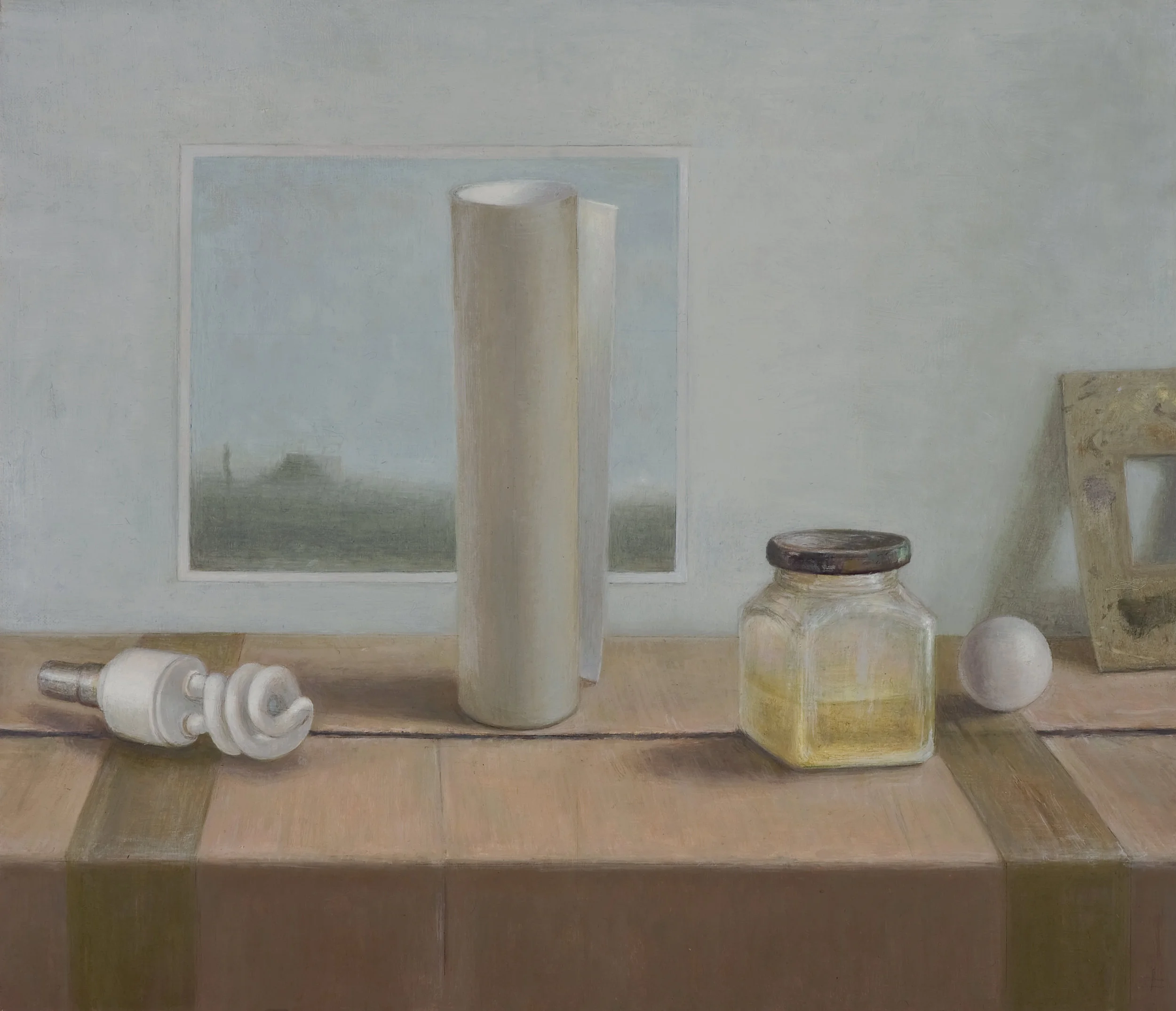 Still Life with spiral light bulb  2014  Oil on linen 40x46cm$4,500