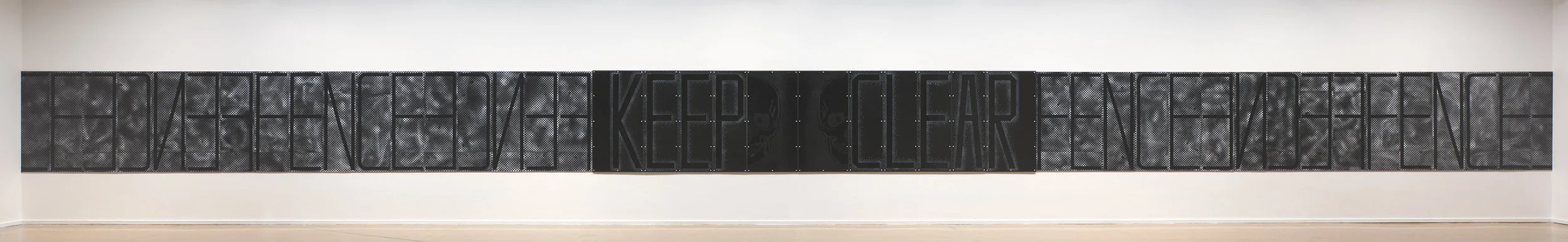 Image:  Janenne Eaton  FENCES B/ORDERS WALLS -  KEEP CLEAR , 2018, Acrylic on Hip Impact Styrene, wood, metal, 122 cm x1384 cm