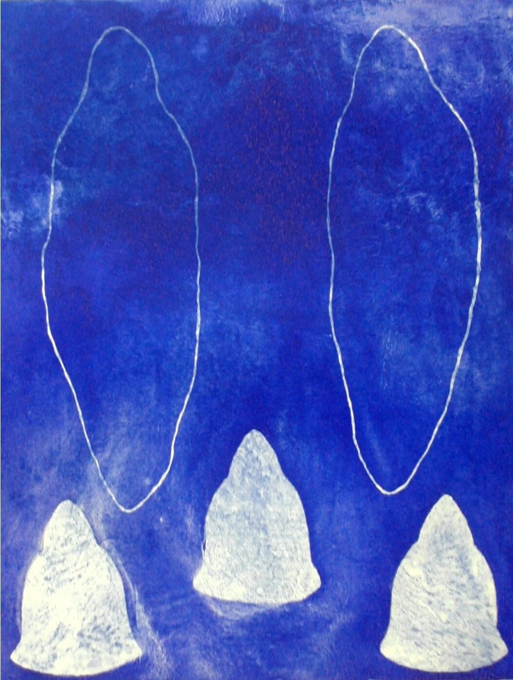 Judy Watson Waanyi (Qld), Big blue world with 3 stupas, 2005, Etching., 49.5 x 38 cm, $495 unframed, $755 framed ed.8/30, 24/30 and 26/30 SOLD. Other etchings of the same edition are available