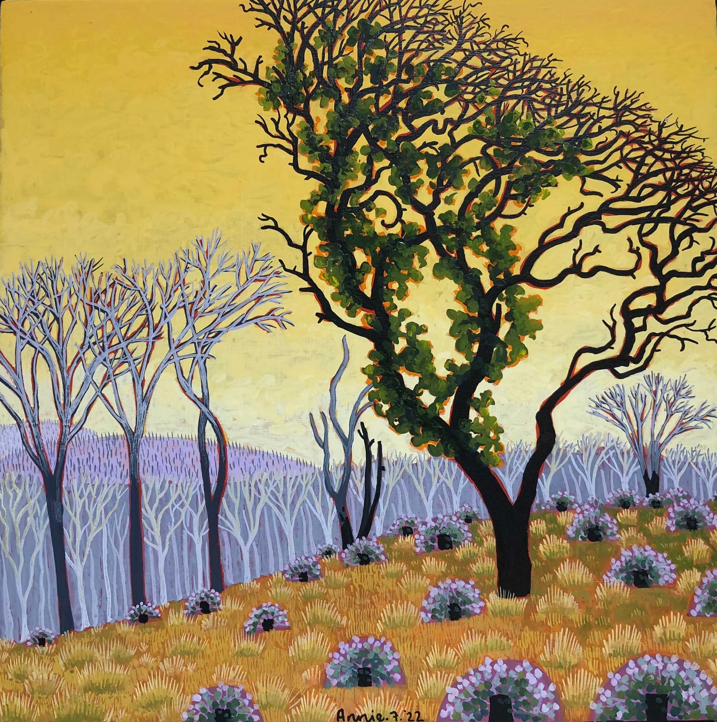Kosciuszko road trip IV  2022 Acrylic, gouache and wax on board  23 x 23cm $950 SOLD