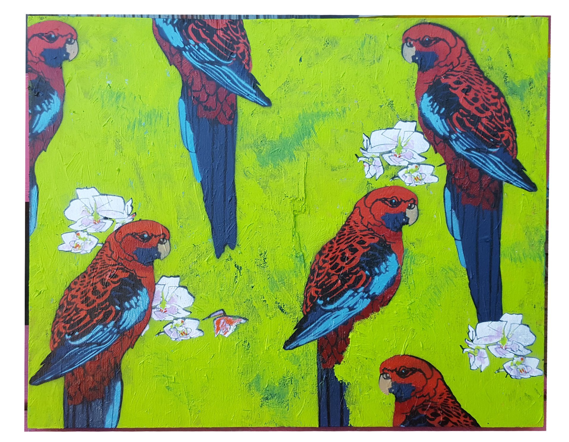 Provincial imitators. 2022 House paint and enamel spray paint stencilled on timber (resurfaced canvas). 50 x 60 cm.$1,200