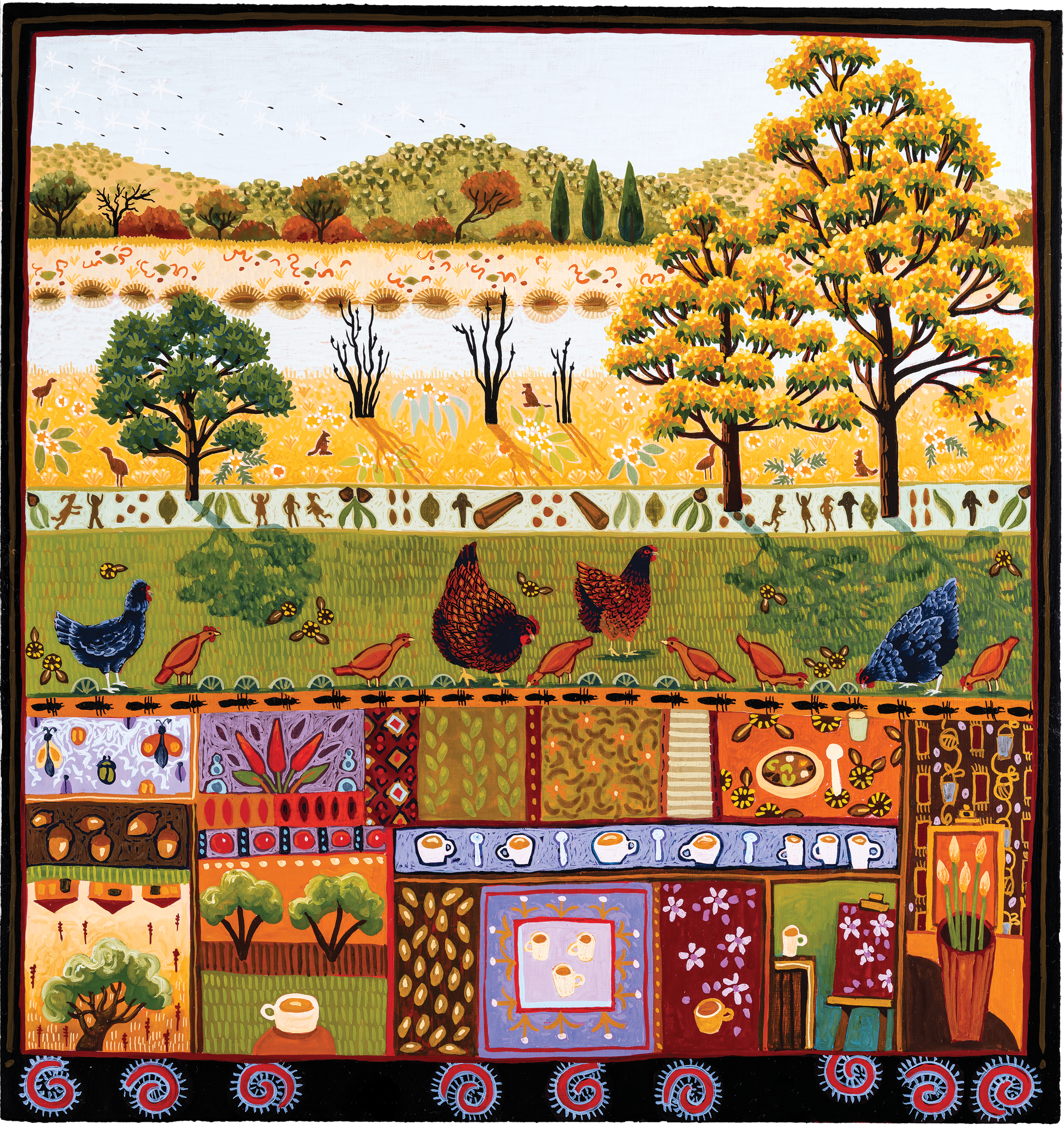 Familiar fragments. 2025, gouache on board, framed, 40.5 x 38.5cm, $1800 