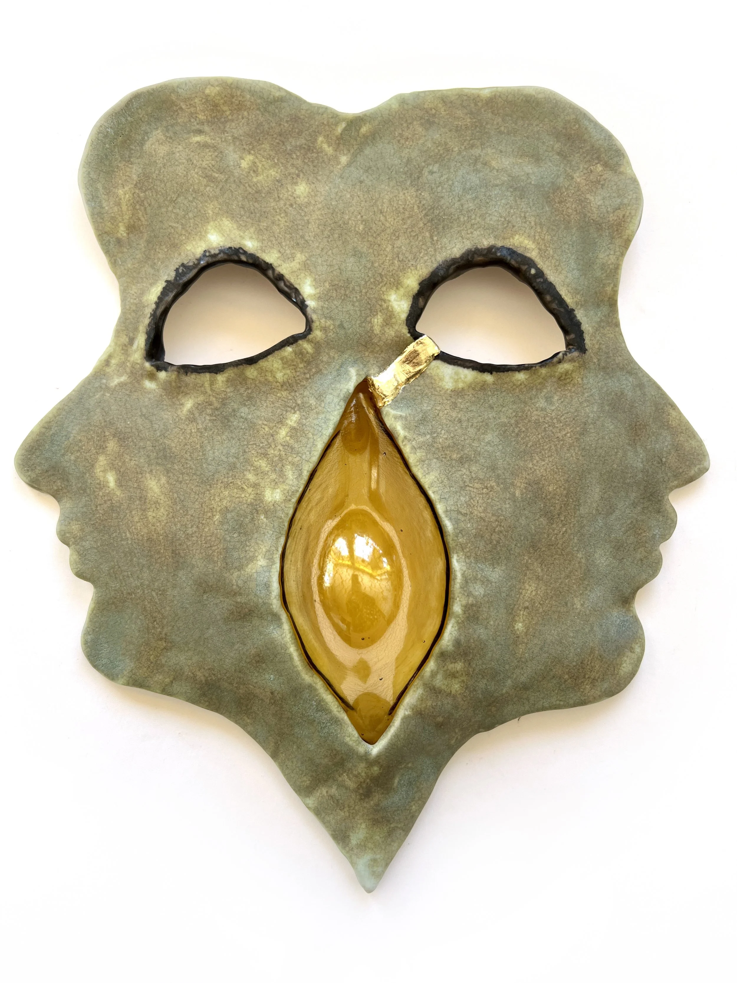 Sybil, porcelain, glass, gold leaf, 11 x 13 x 3 inches