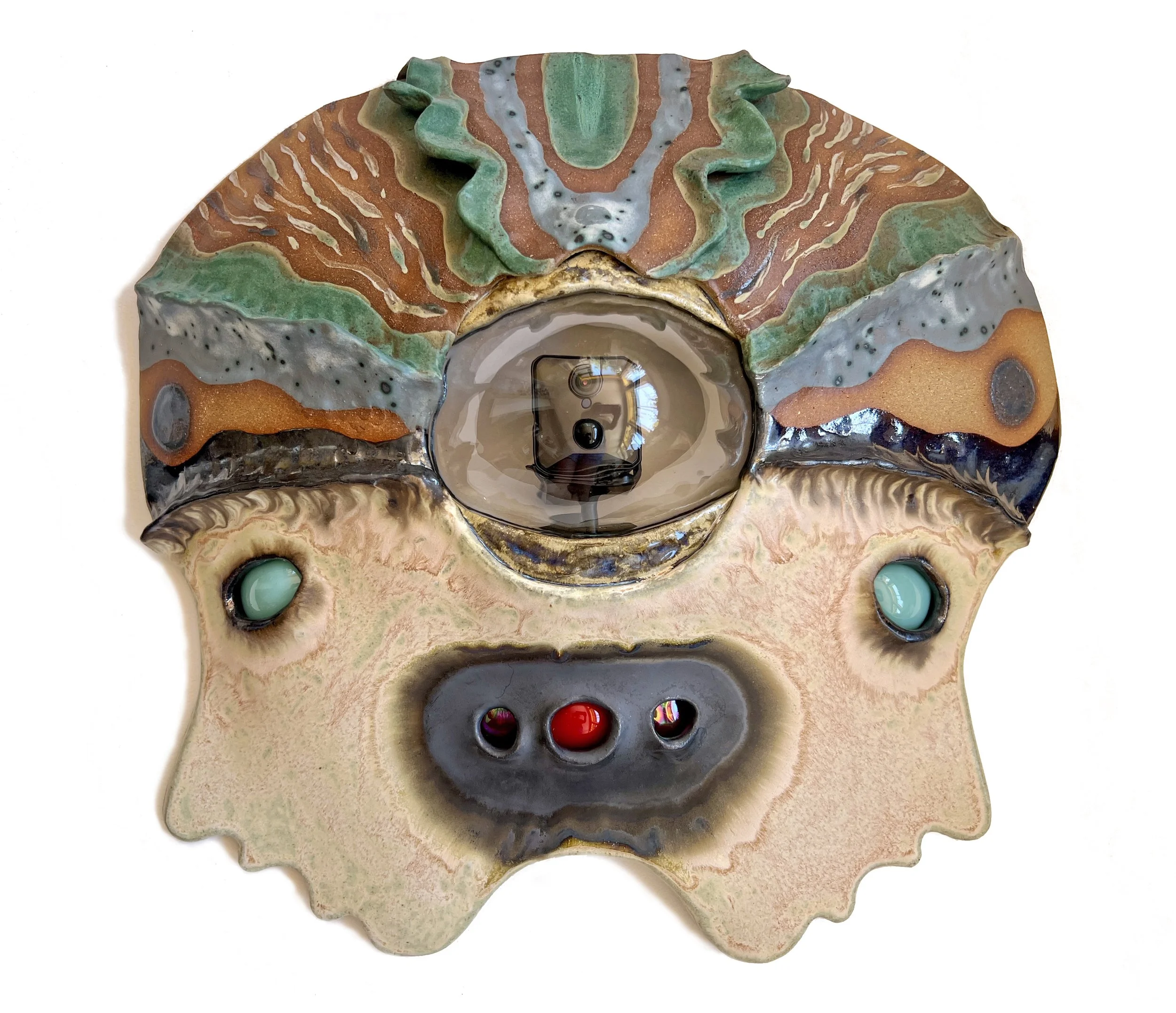 Watching,
ceramic, glass and security camera
17 x 19 x 4 in