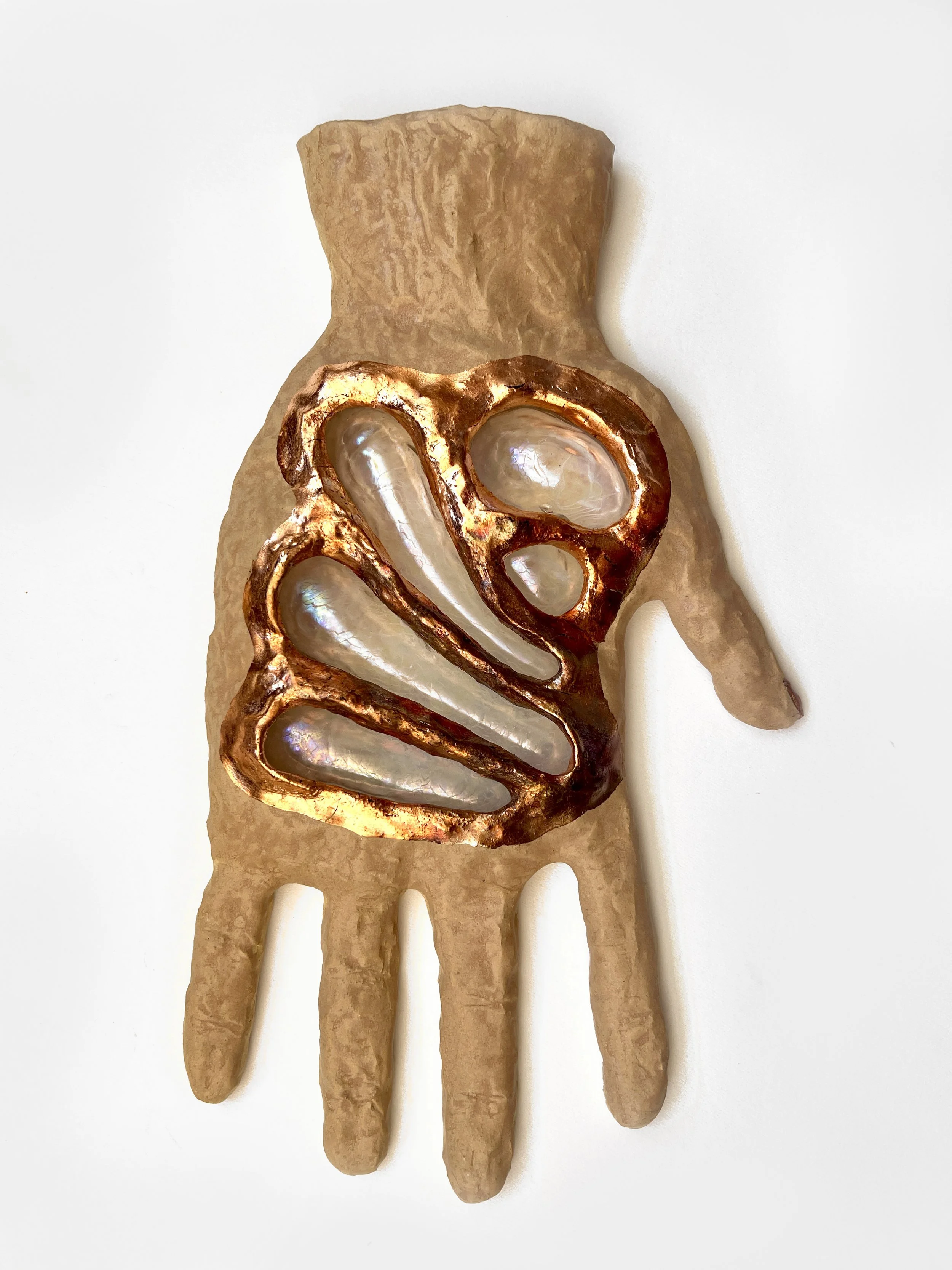 Say it to the hand,
Ceramic, glass, copper leaf
19 x 11 x 2 inches
2026
