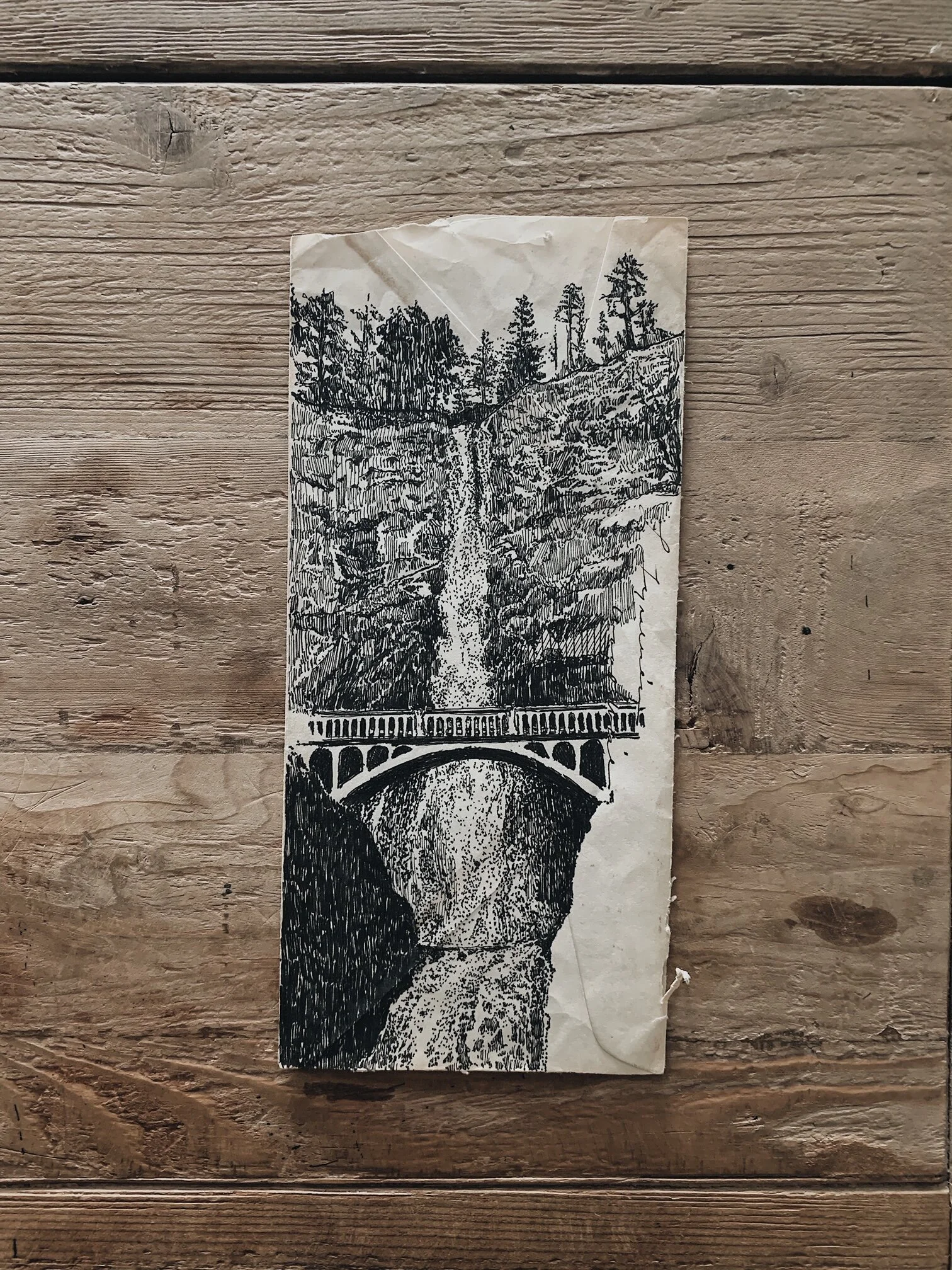 Drawing - Quarantine Day 18 Multnomah Falls
