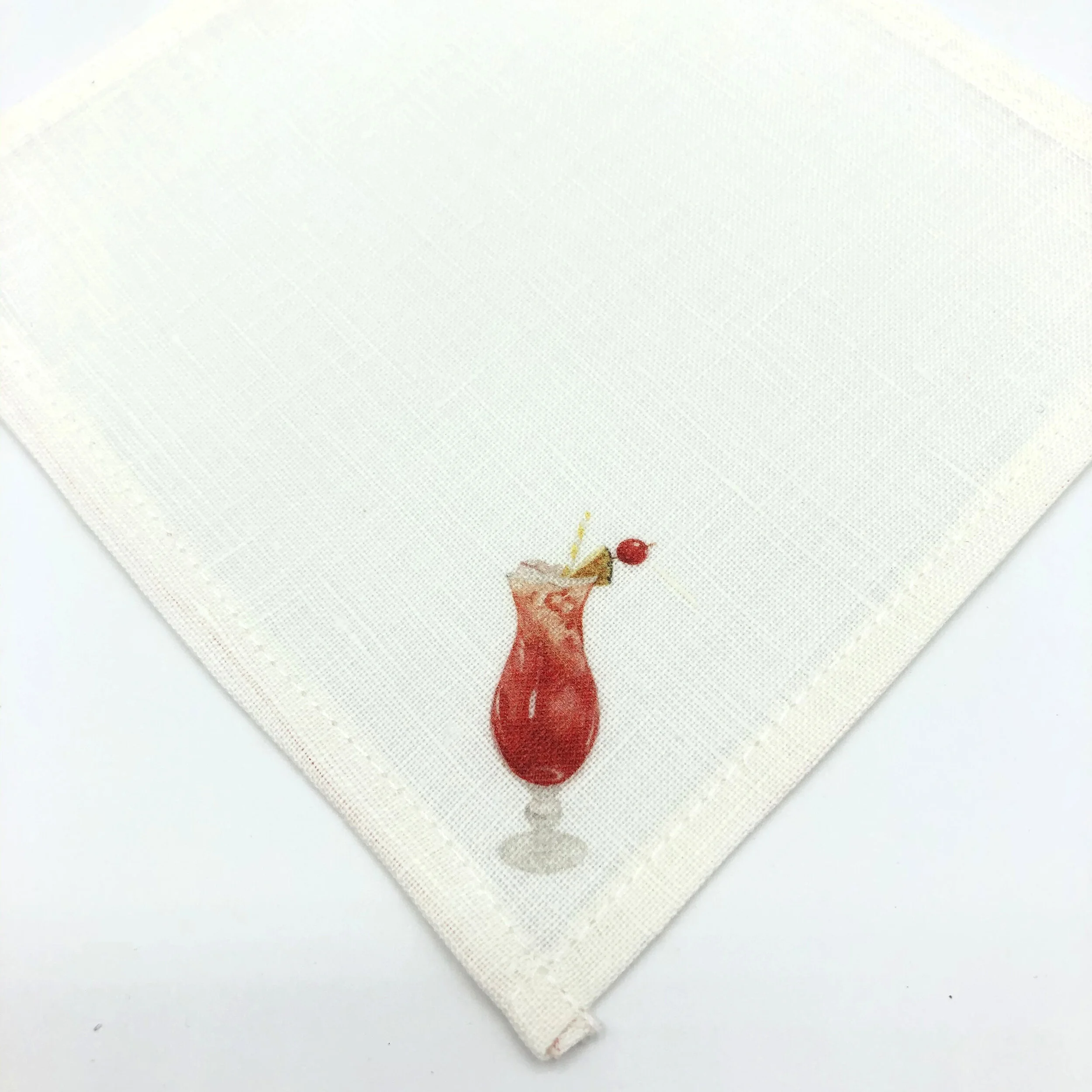 Set of 8 Handmade Linen Cocktail Napkins with Singapore Sling Illustration