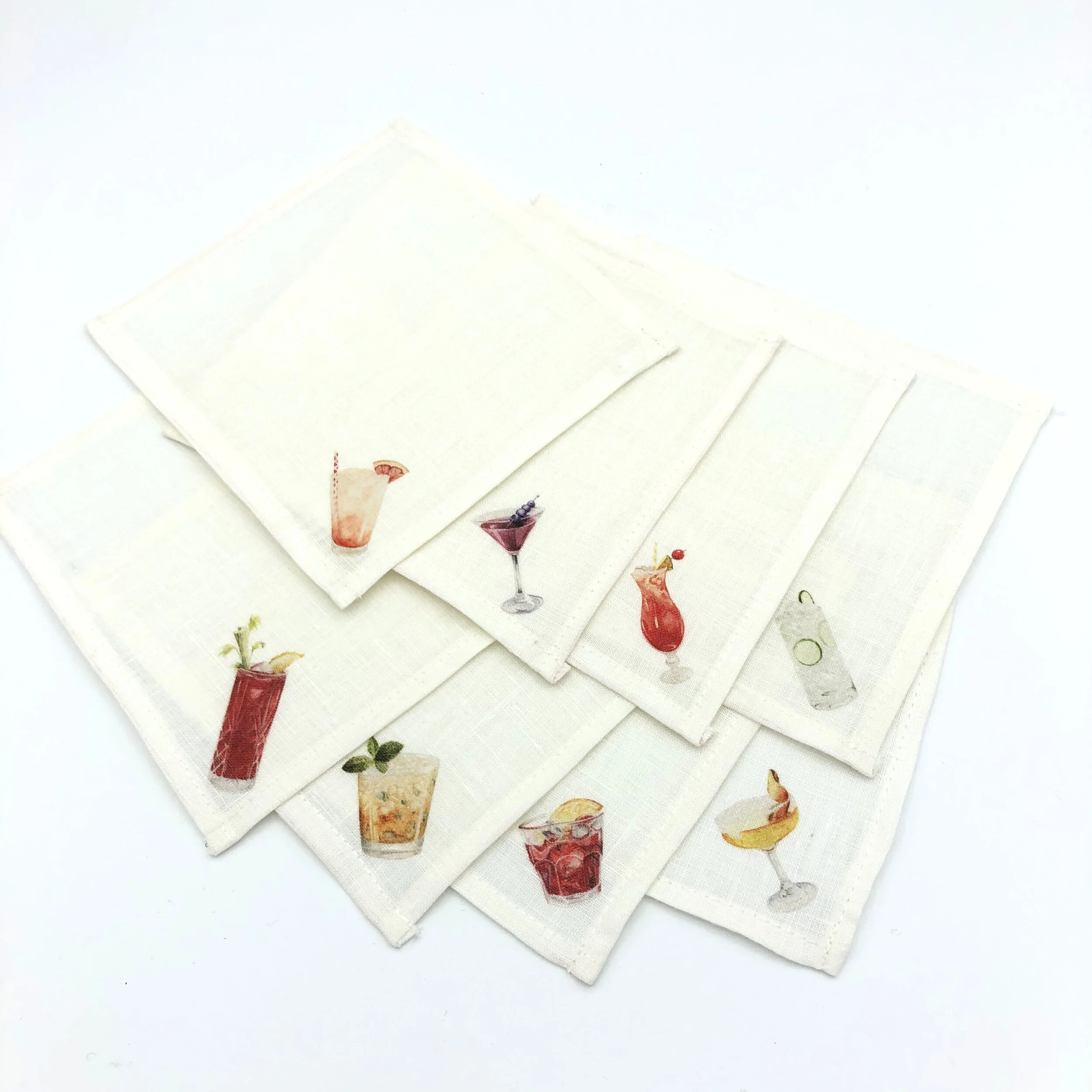Set of 8 Handmade Linen Cocktail Napkins with Bloody Mary, Gin & Tonic, Martini, Singapore Sling, Mint Julep, Campari, Sidecar, Paloma Illustrations
