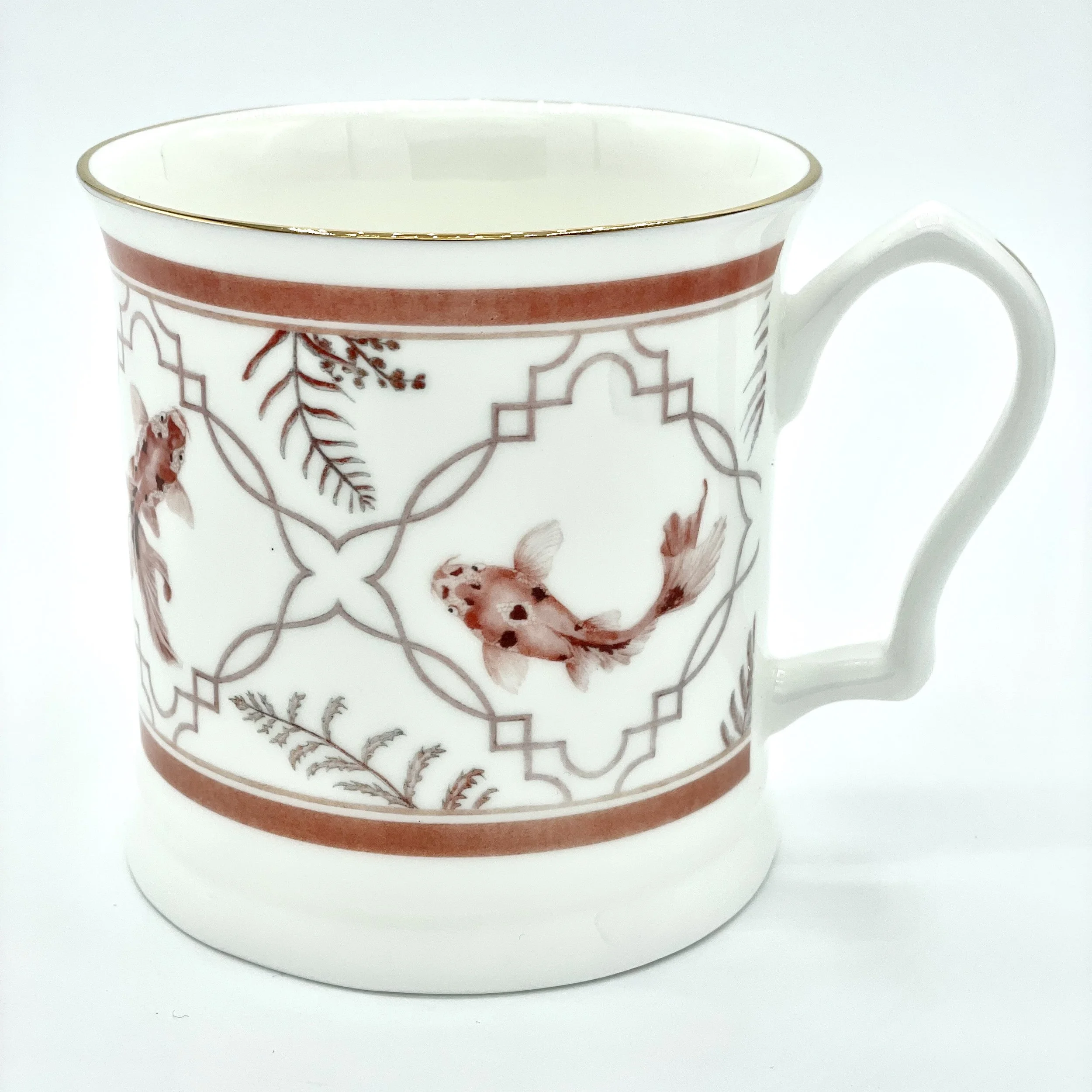 Fine Bone China Koi Mug handmade in Britain with watercolour design and 24kt gold rim