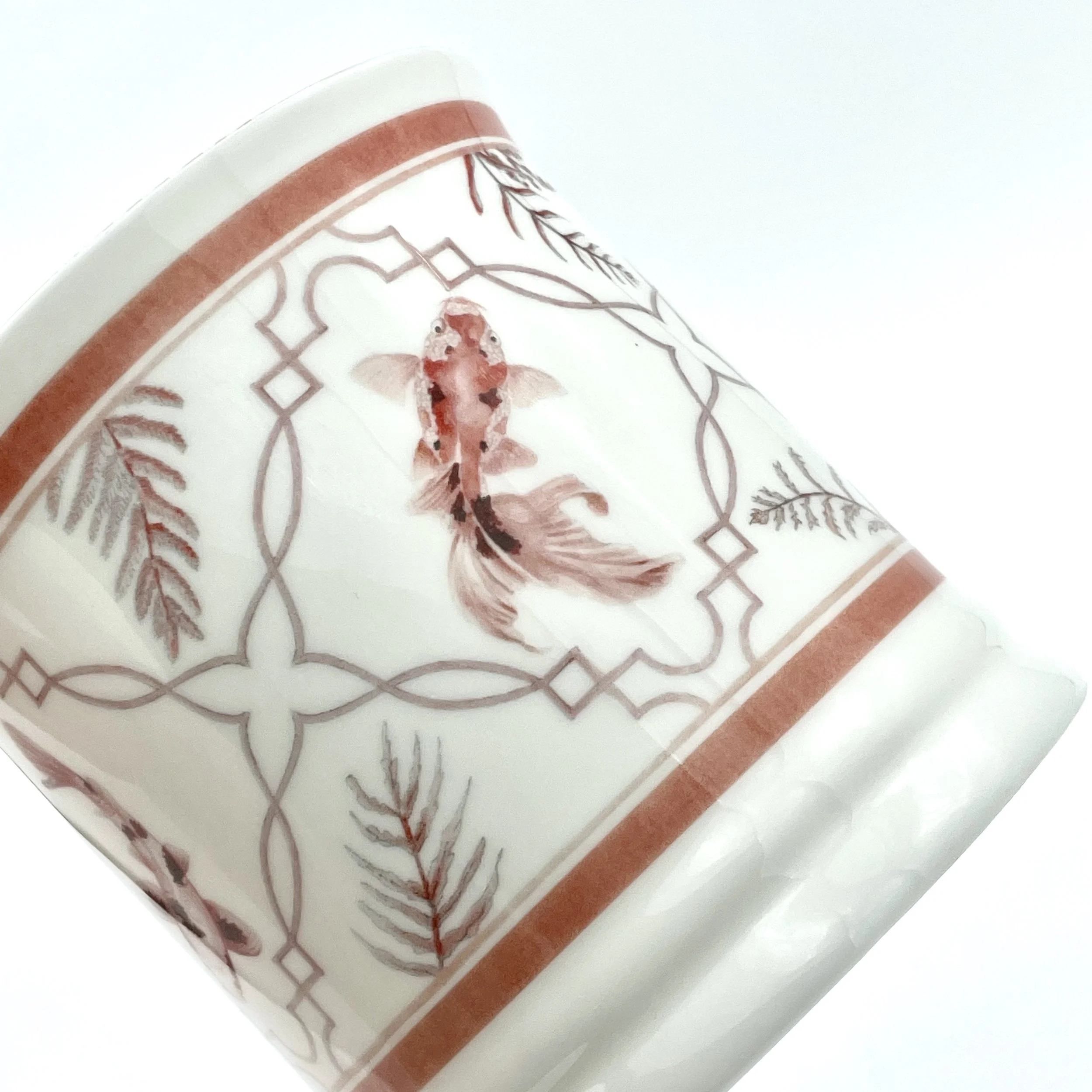 Fine Bone China Koi Mug handmade in Britain with watercolour design and 24kt gold rim