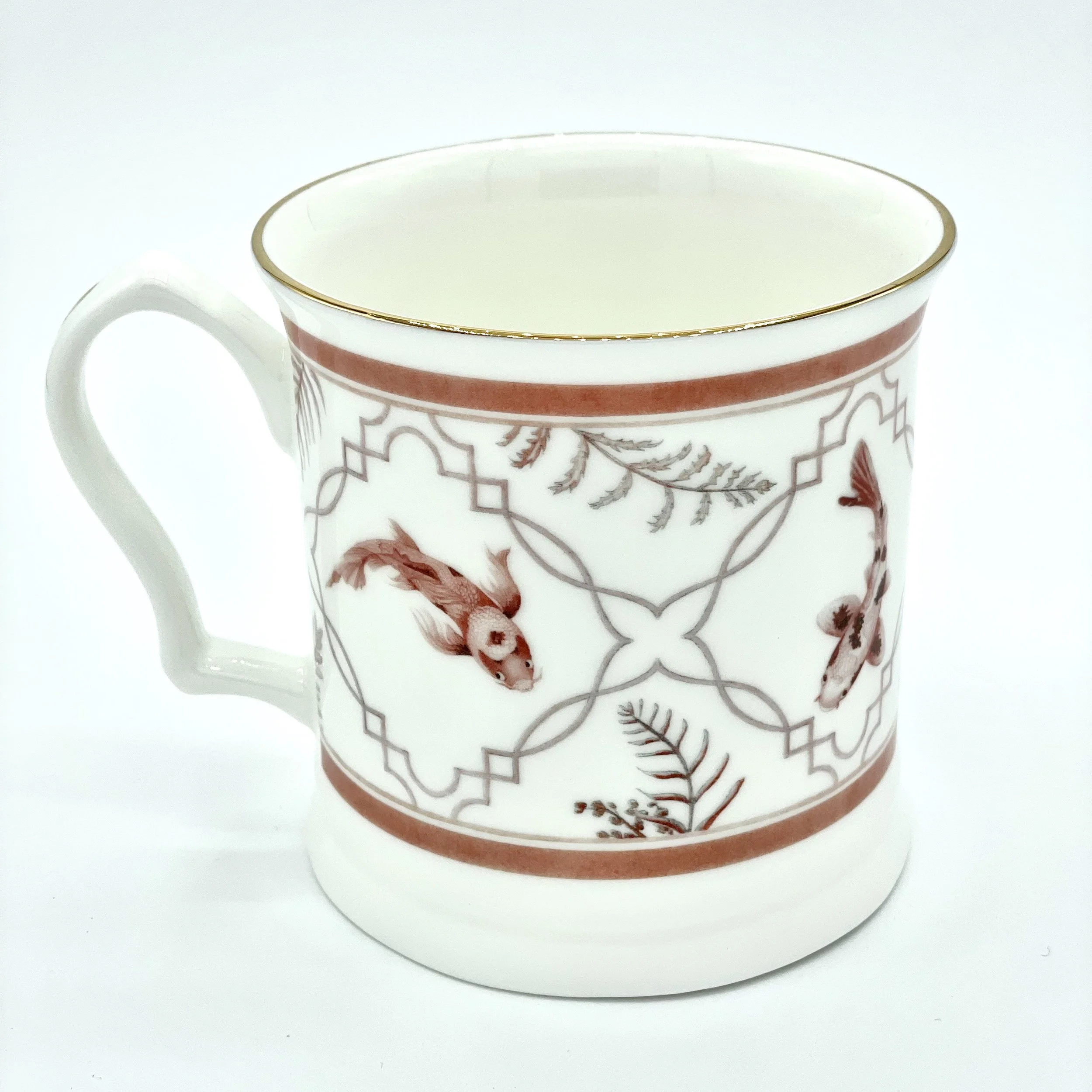 Fine Bone China Koi Mug handmade in Britain with watercolour design and 24kt gold rim