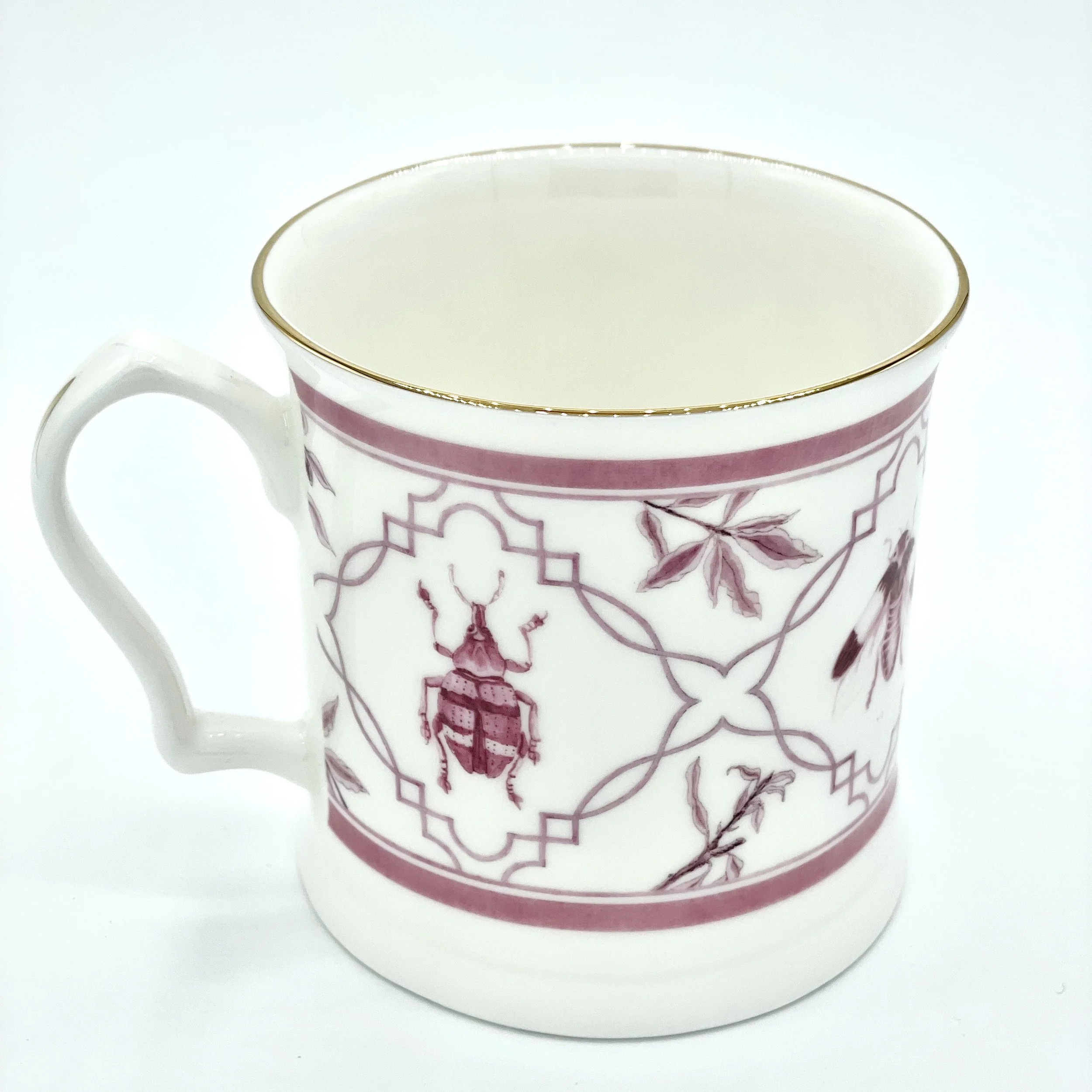 Fine Bone China Bug Mug handmade in Britain with watercolour design and 24kt gold rim