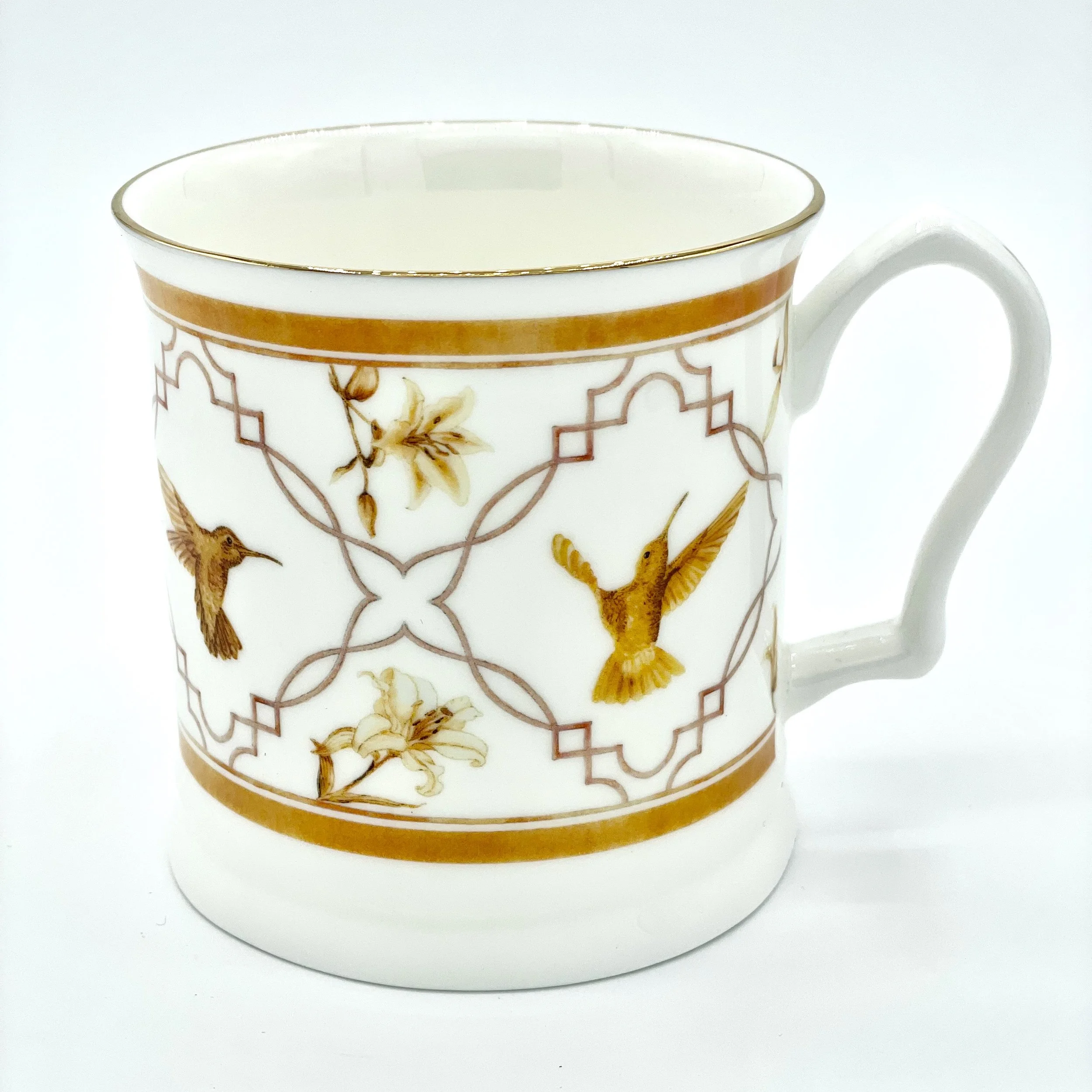 Fine Bone China Hummingbird Mug handmade in Britain with watercolour design and 24kt gold rim
