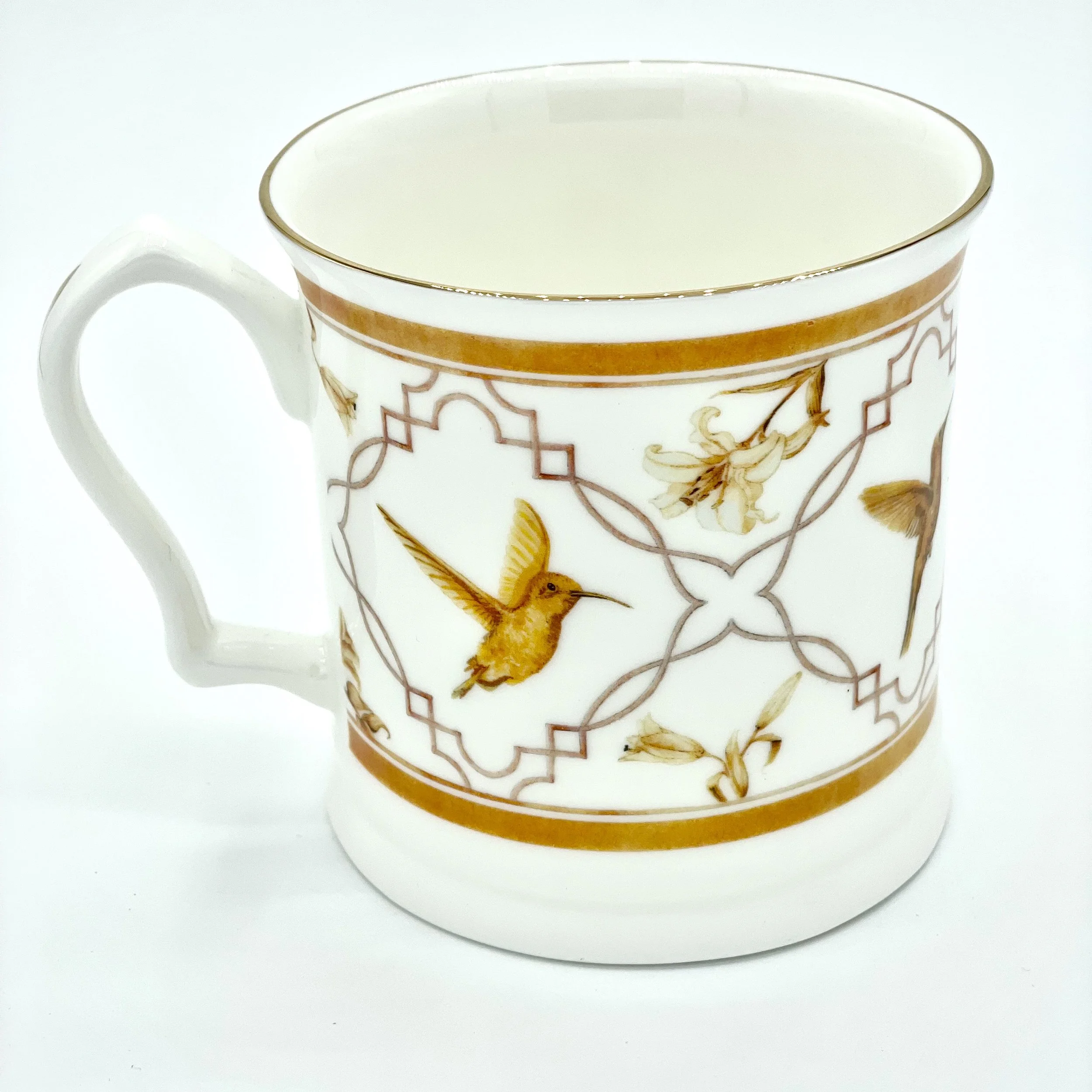 Fine Bone China Hummingbird Mug handmade in Britain with watercolour design and 24kt gold rim