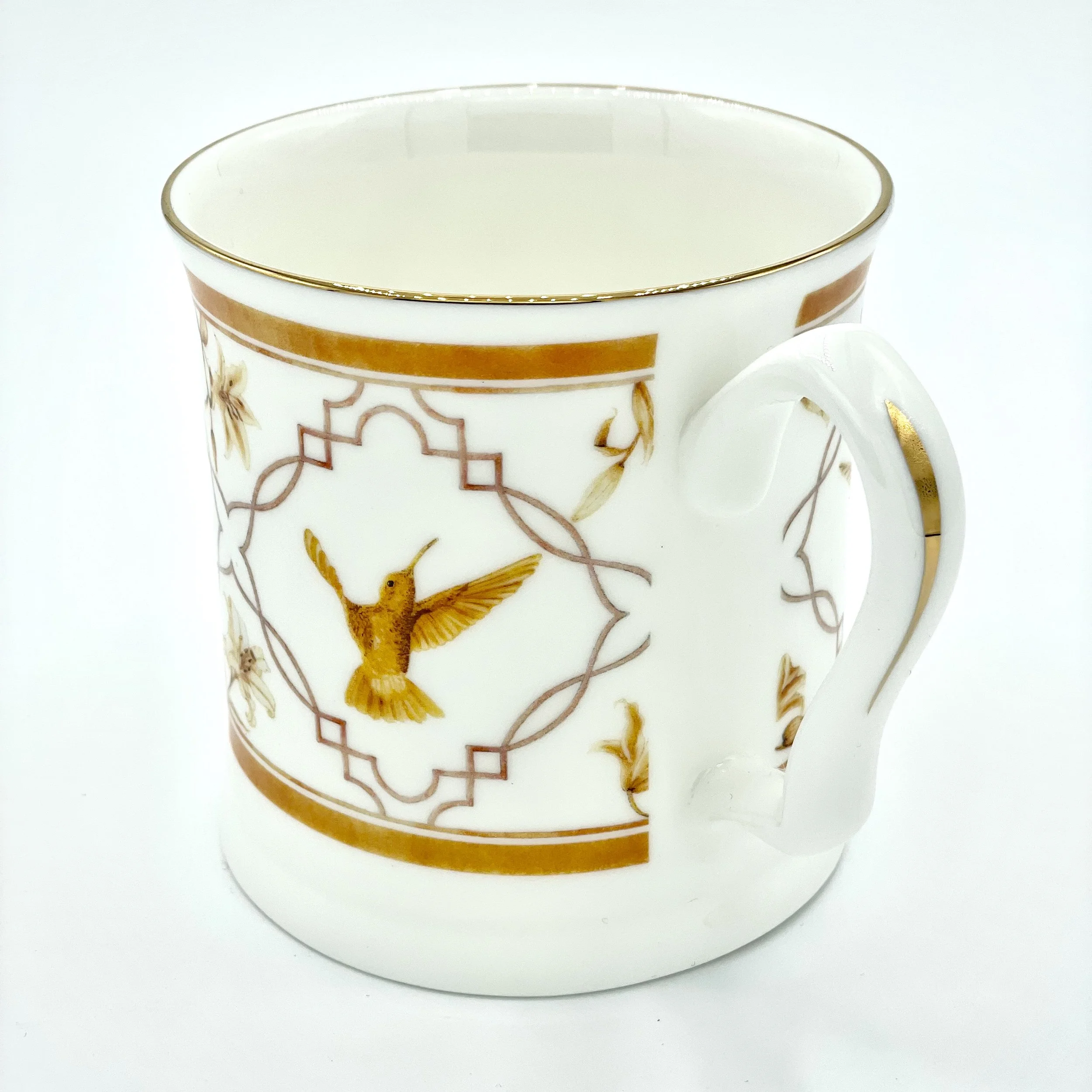 Fine Bone China Hummingbird Mug handmade in Britain with watercolour design and 24kt gold rim