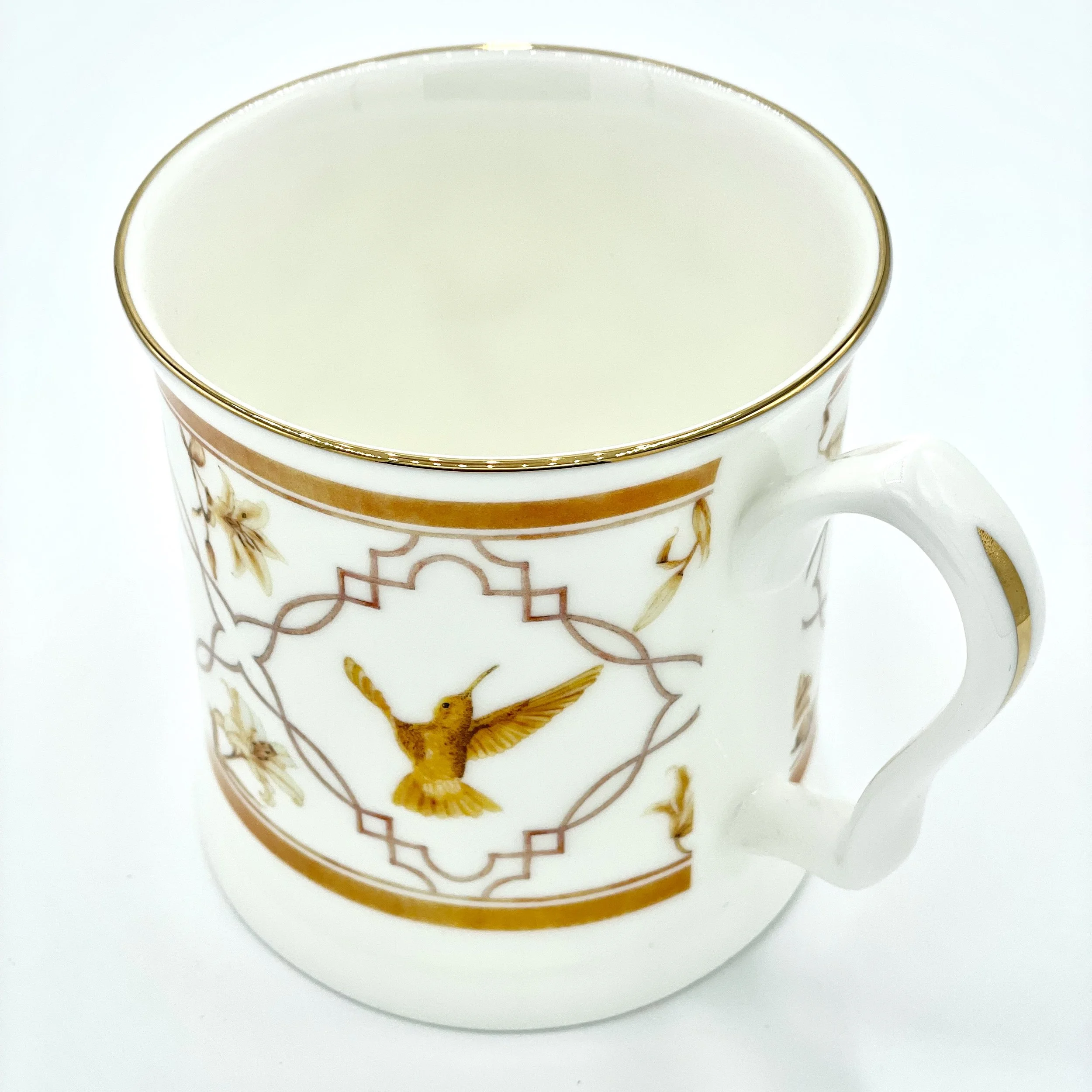 Fine Bone China Hummingbird Mug handmade in Britain with watercolour design and 24kt gold rim