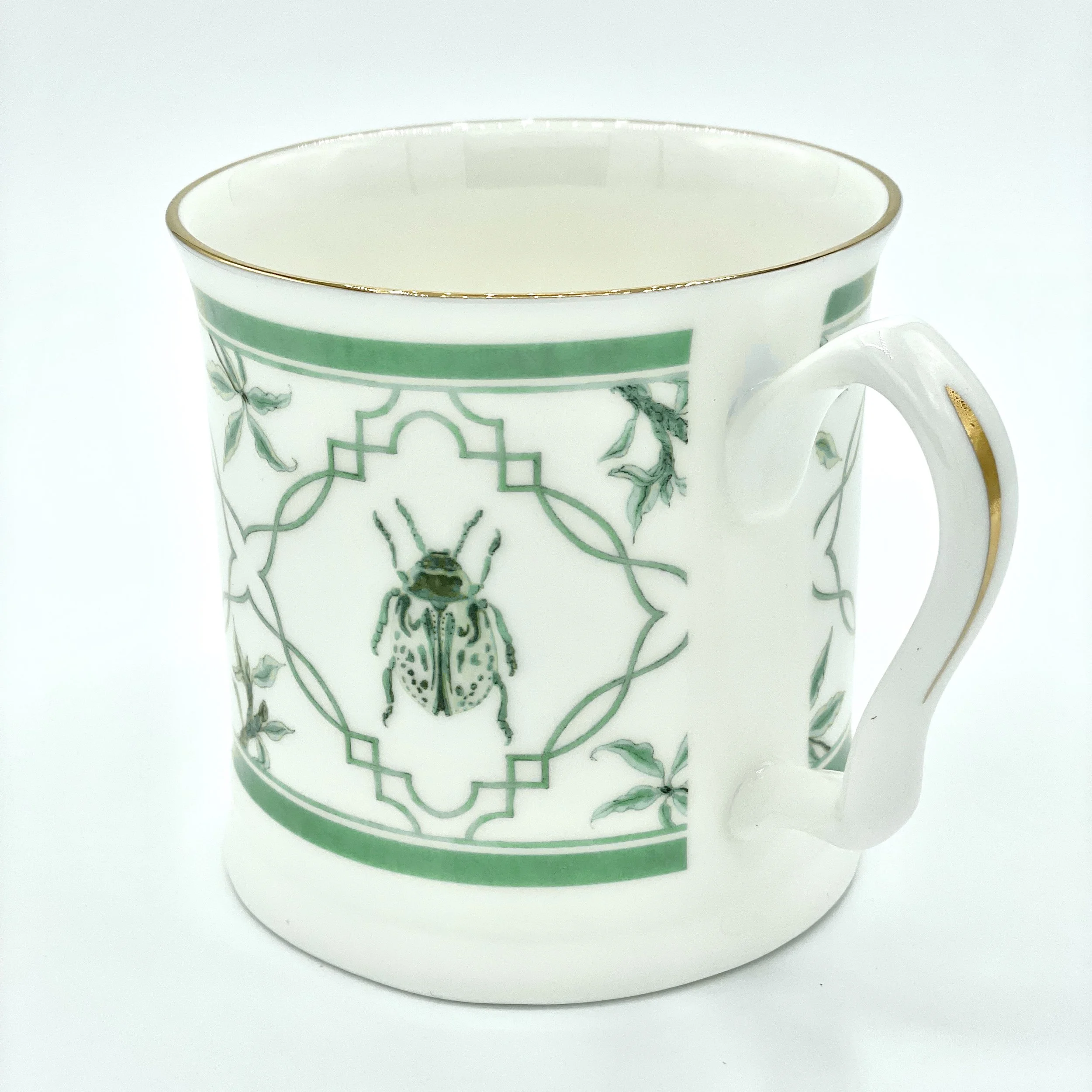 Fine Bone China Bug Mug handmade in Britain with watercolour design and 24kt gold rim