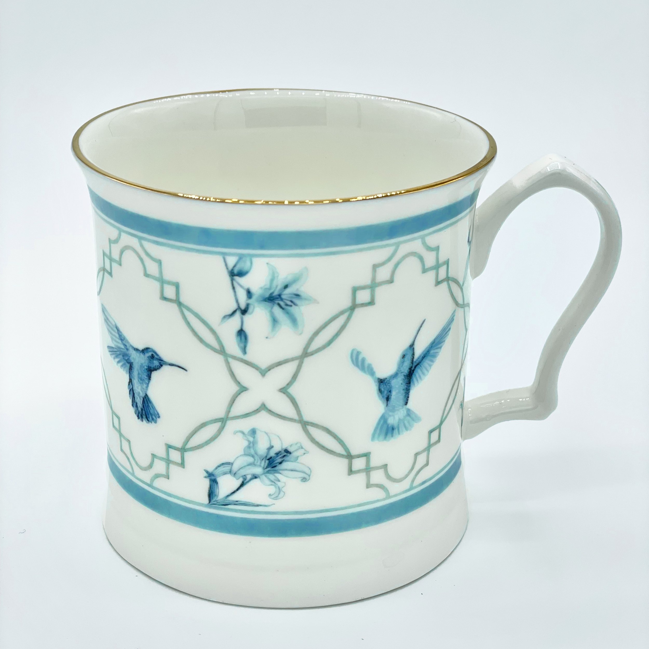 Fine Bone China Hummingbird Mug handmade in Britain with watercolour design and 24kt gold rim