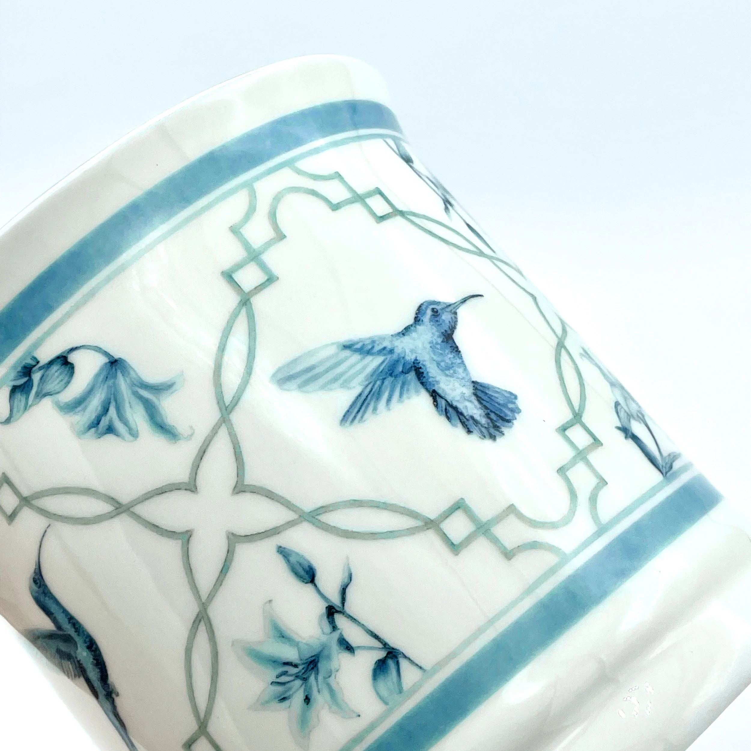 Fine Bone China Hummingbird Mug handmade in Britain with watercolour design and 24kt gold rim