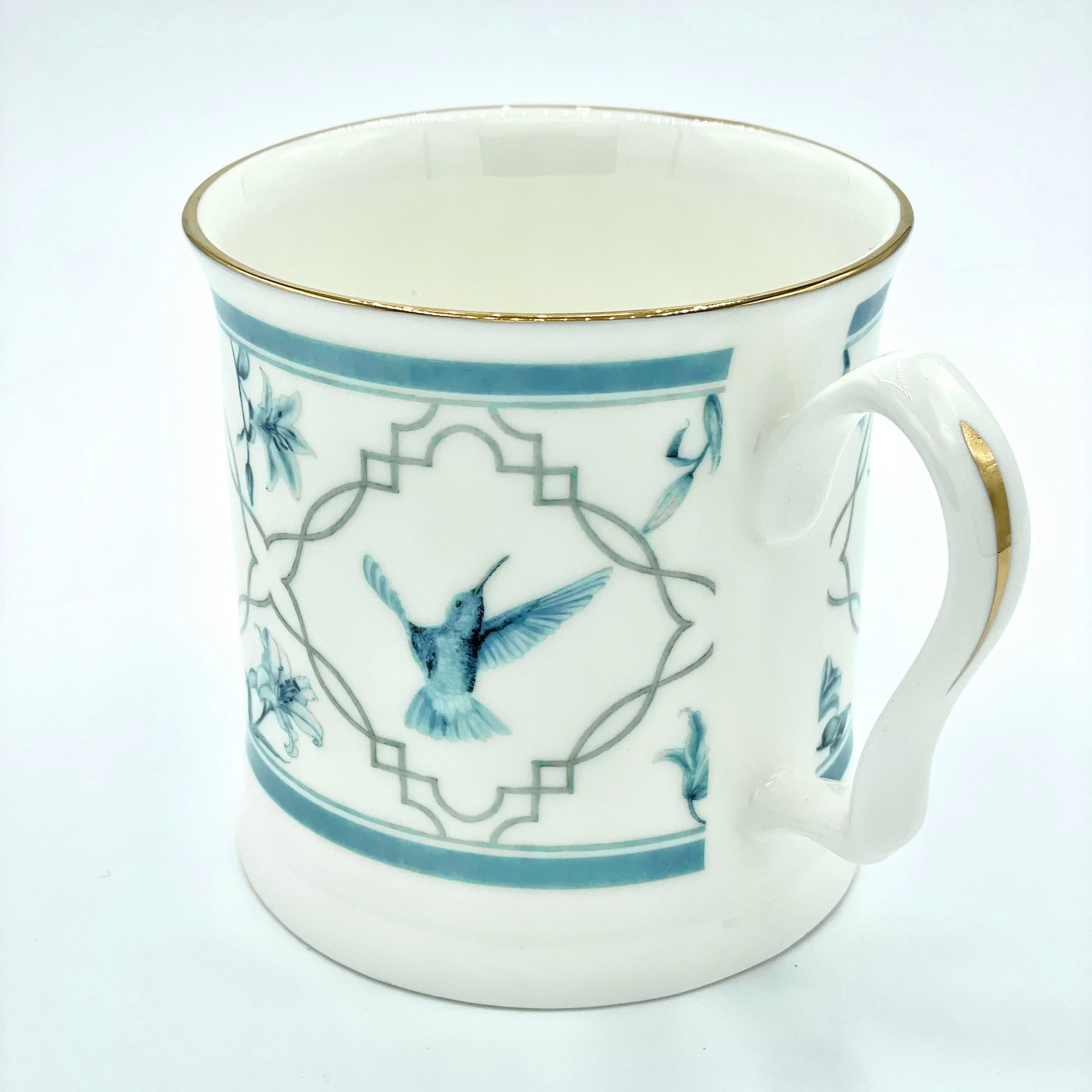Fine Bone China Hummingbird Mug handmade in Britain with watercolour design and 24kt gold rim