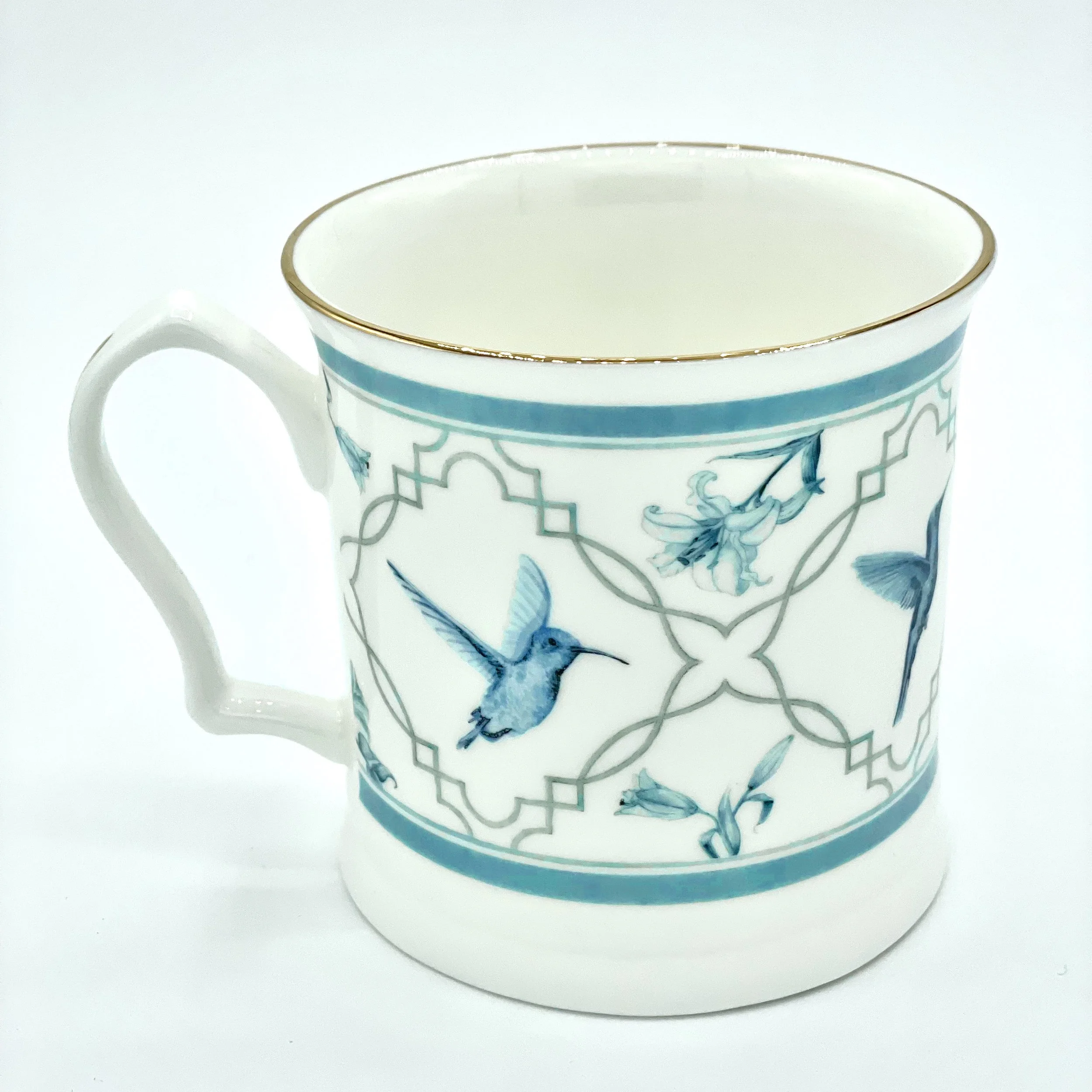 Fine Bone China Hummingbird Mug handmade in Britain with watercolour design and 24kt gold rim