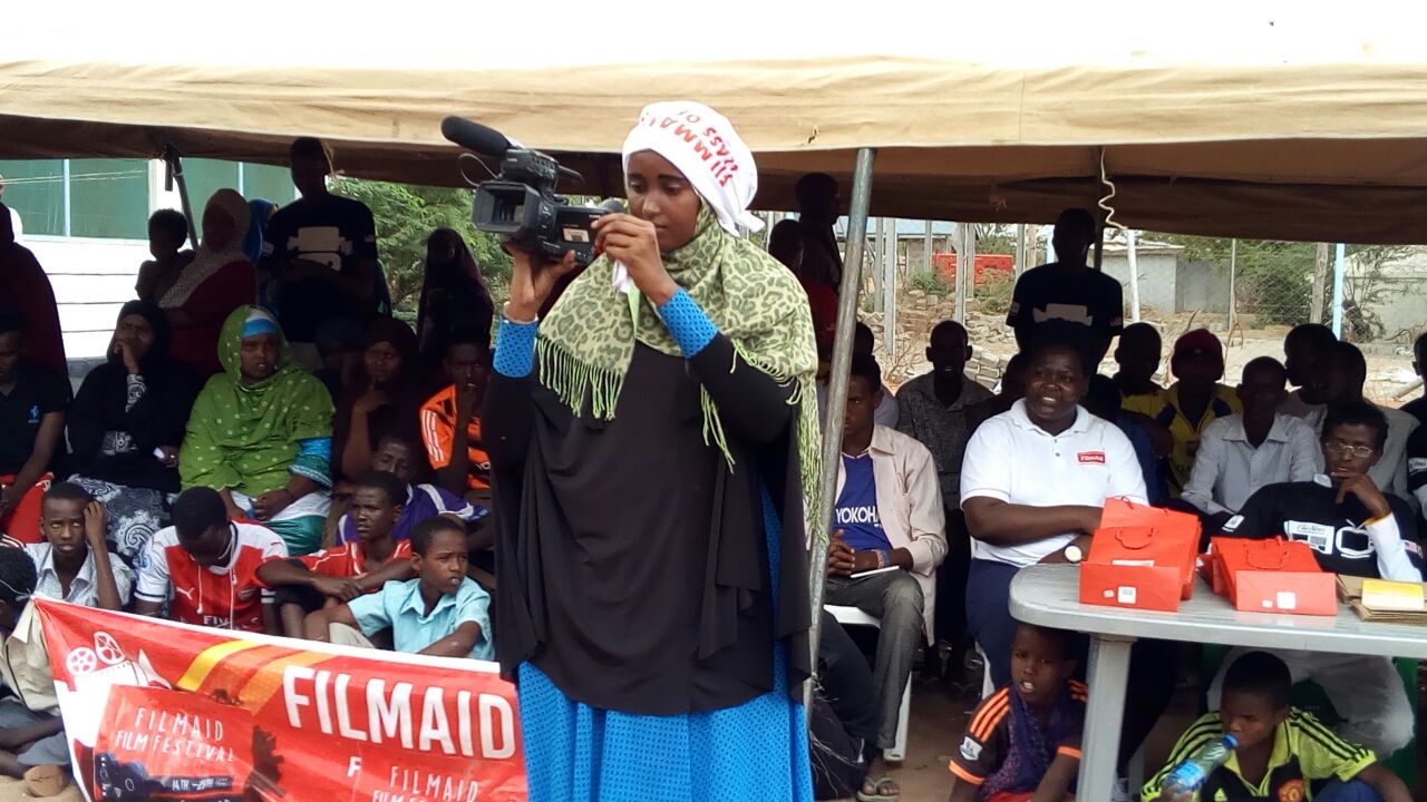 FilmAid student filmmaker, editor, writer, Maria Noor Ahmed, 19 at the FilmAid Film Festival in Dadaab Refugee Camp. 