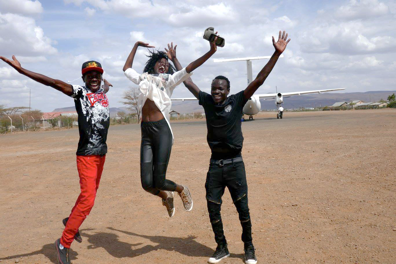 FilmAid storytellers Justin, Maya and Isse just before boarding the plane from Kakuma to Nairobi. 