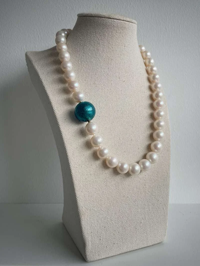 11-12mm cream freshwater pearl necklace with interchangeable 20mm petrol blue Murano glass featureclasp