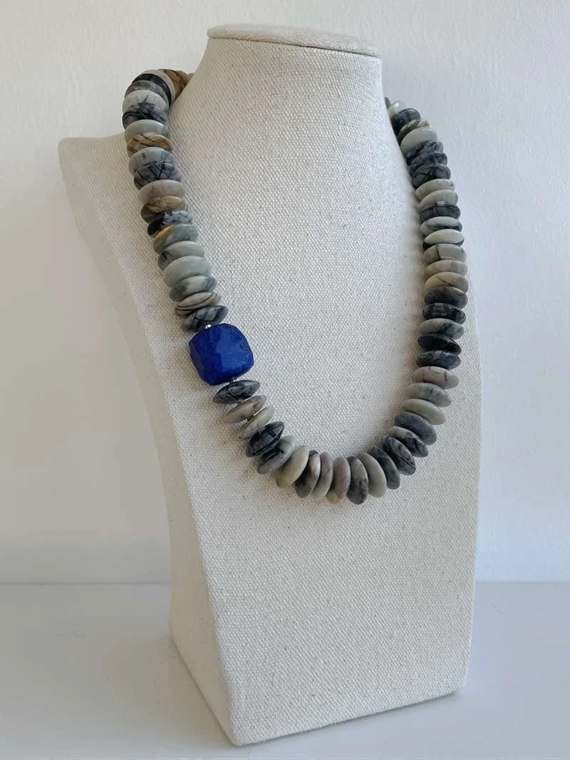 16mm Picasso jasper rondelle necklace with interchangeable navy blue lapis lazuli nugget feature clasp - one of Clasped's range of wholly interchangeable necklaces