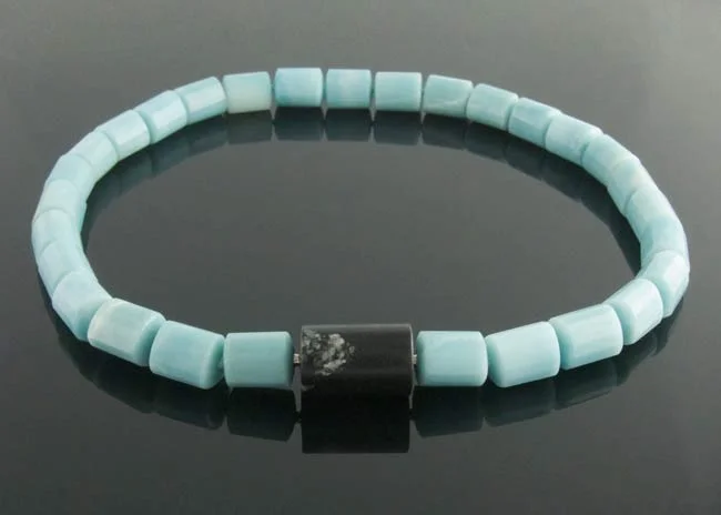 Blue agate bead necklace with black onyx cylinder clasp