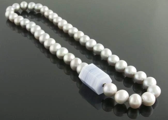 Grey pearl necklace with interchangeable Chalcedony barrel feature clasp