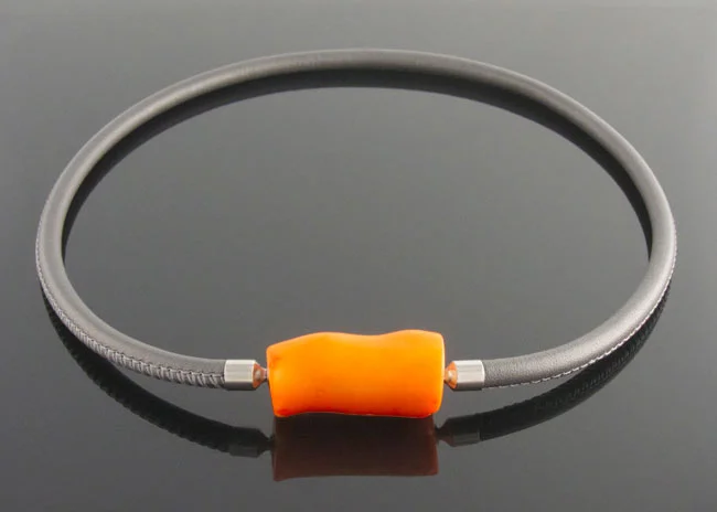 Grey leather necklet with interchangeable orange bamboo coral clasp