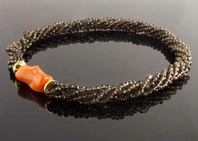 Faceted smoky quartz multistrand necklace with interchangeable orange bamboo coral clasp