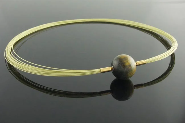 Green wire multistrand necklace with interchangeable falcon's-eye ball clasp