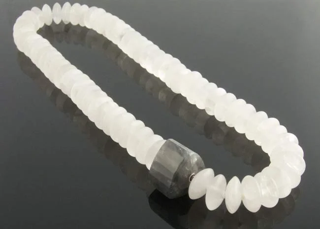Matte rock crystal rondelle necklace with interchangeable triangular grey quartz clasp