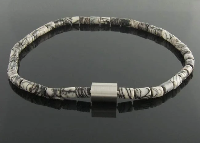 Picasso jasper cylinder necklace with interchangeable steel cylinder clasp