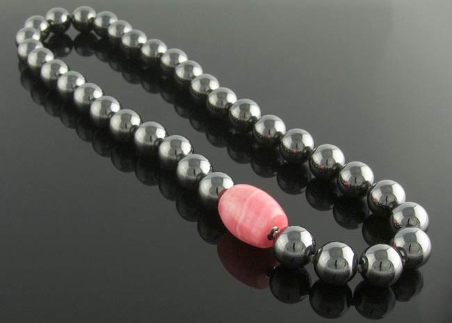 Haematite necklace with interchangeable rhodochrosite feature clasp