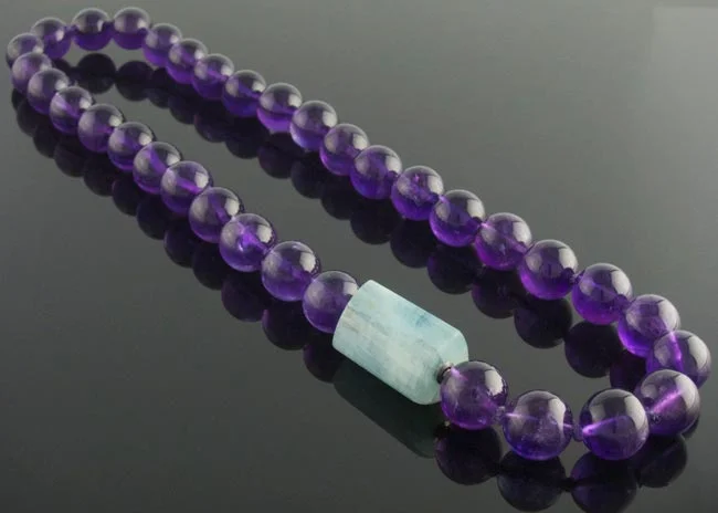 12mm amethyst bead necklace with aquamarine triangular barrel clasp
