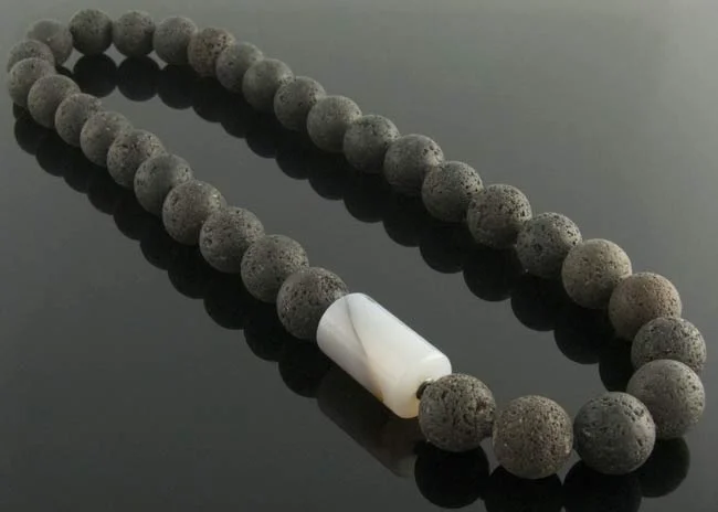 Lava beaded necklace with banded grey agate cylinder clasp