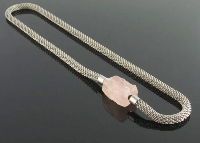 Steel mesh multistrand necklace with rose quartz nugget clasp