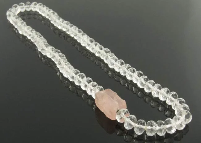 Faceted rock crystal bead necklace with rose quartz nugget clasp